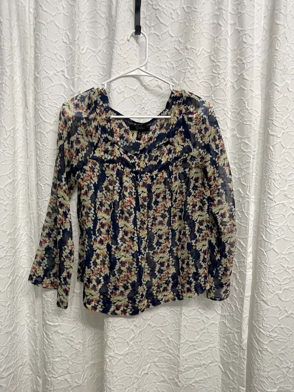 Jessica Simpson Floral Blouse Size S Sheer Long Sleeve Navy Multicolor